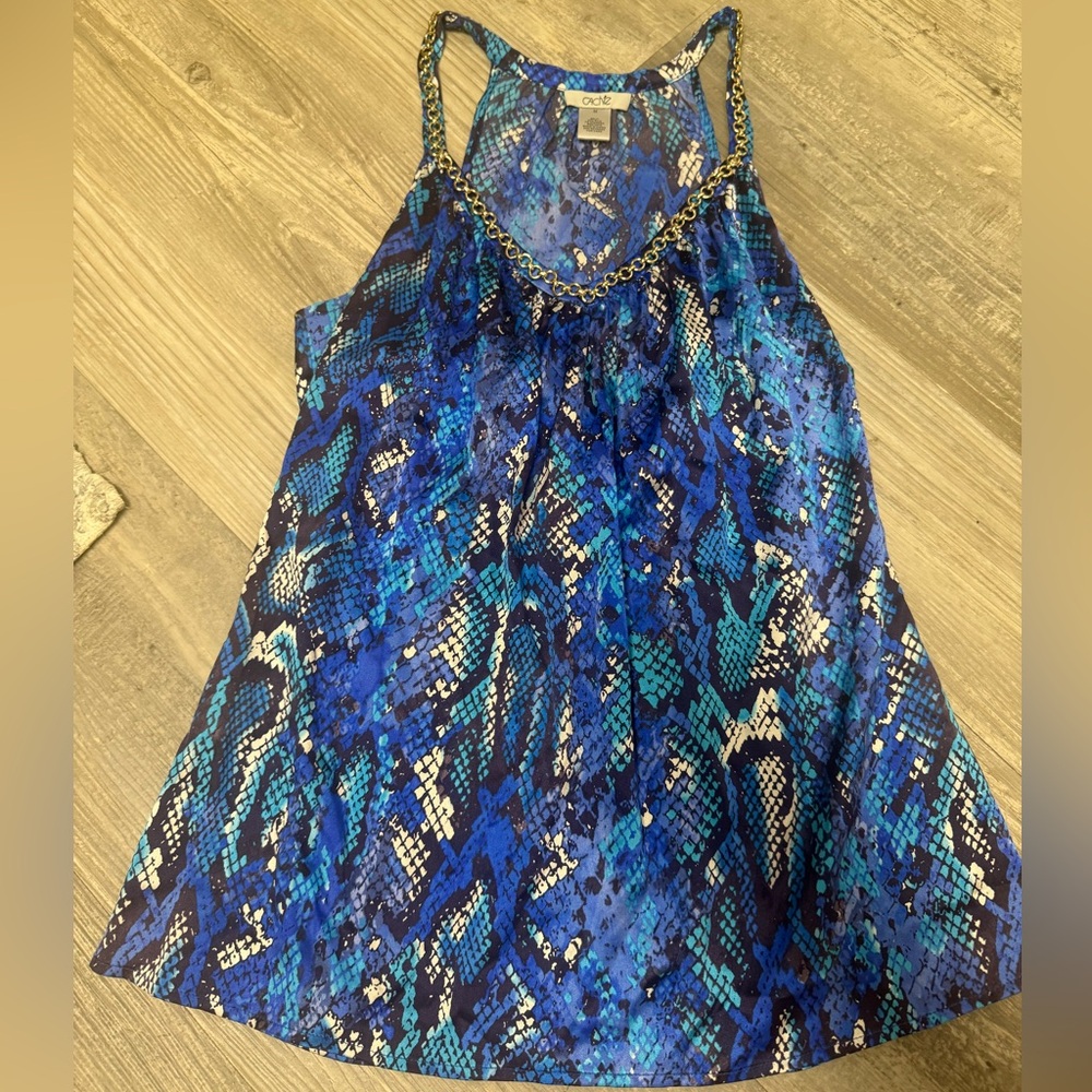Cache Silk Blue, Black & White snake Patterned Tank Top with Gold chain accent